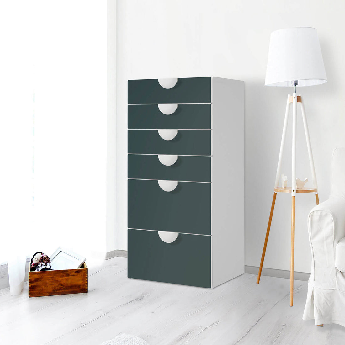 Klebefolie für Möbel Blaugrau Dark - IKEA Smastad Kommode - 6 Schubladen - Kinderzimmer