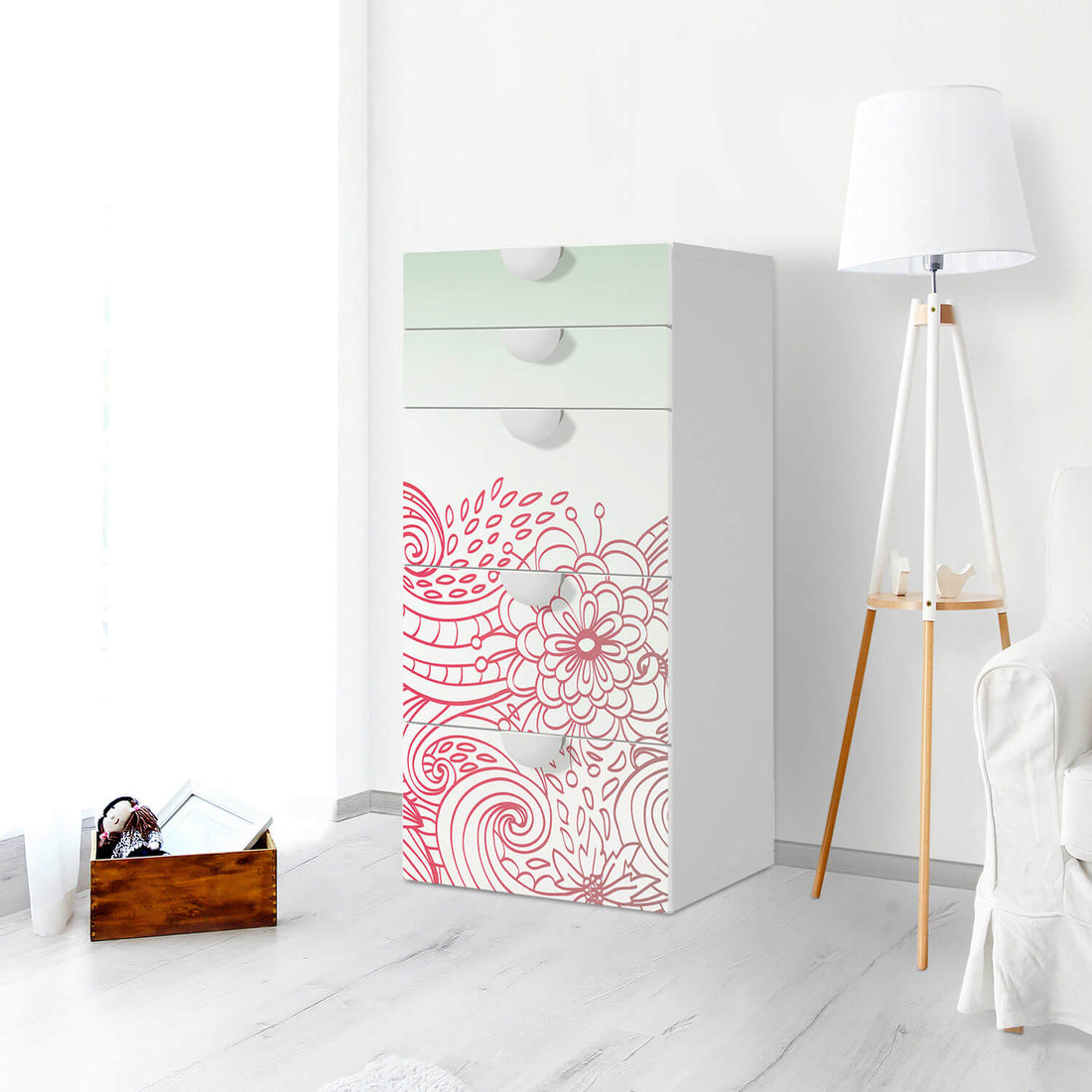 Möbel Klebefolie Floral Doodle - IKEA Smastad Kommode - 5 Schubladen - Kinderzimmer