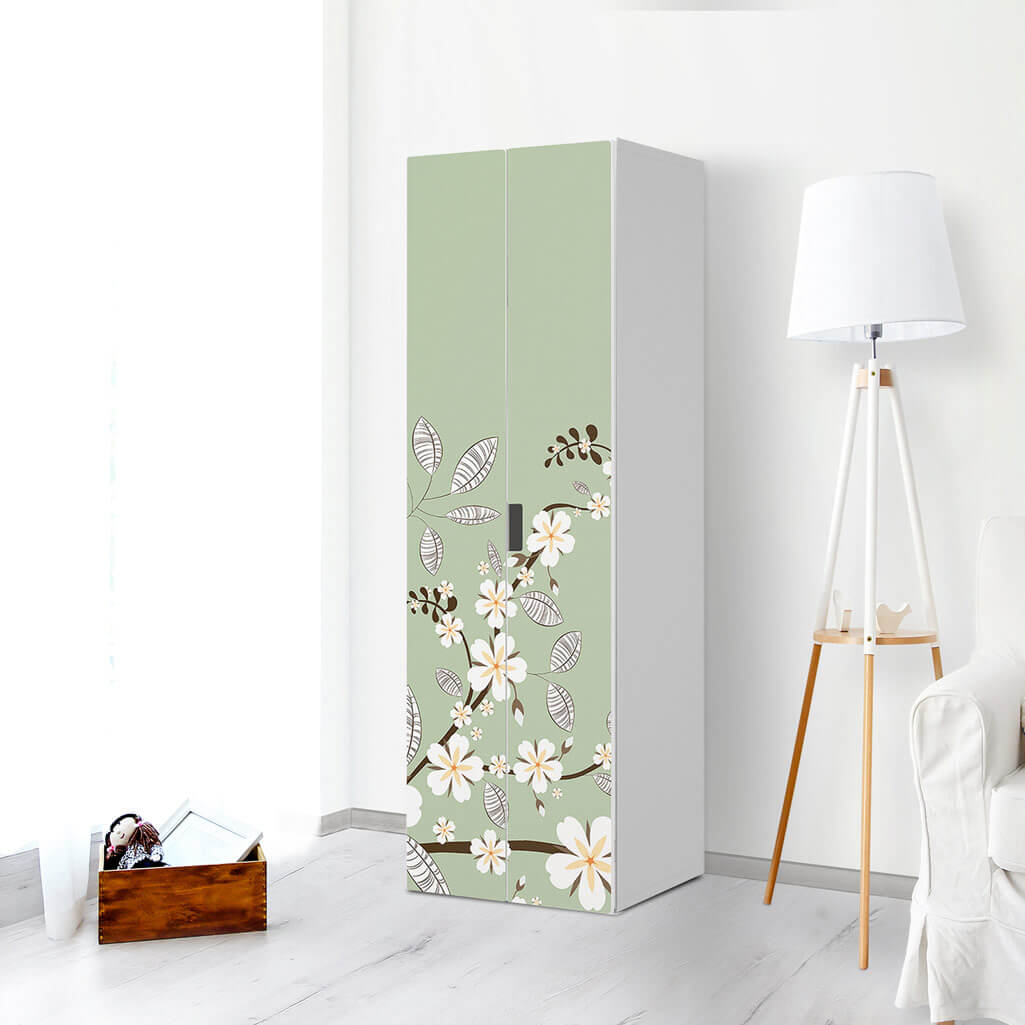 Möbelfolie White Blossoms - IKEA Stuva / Malad - 2 hohe Türen (192 cm) - Wohnzimmer