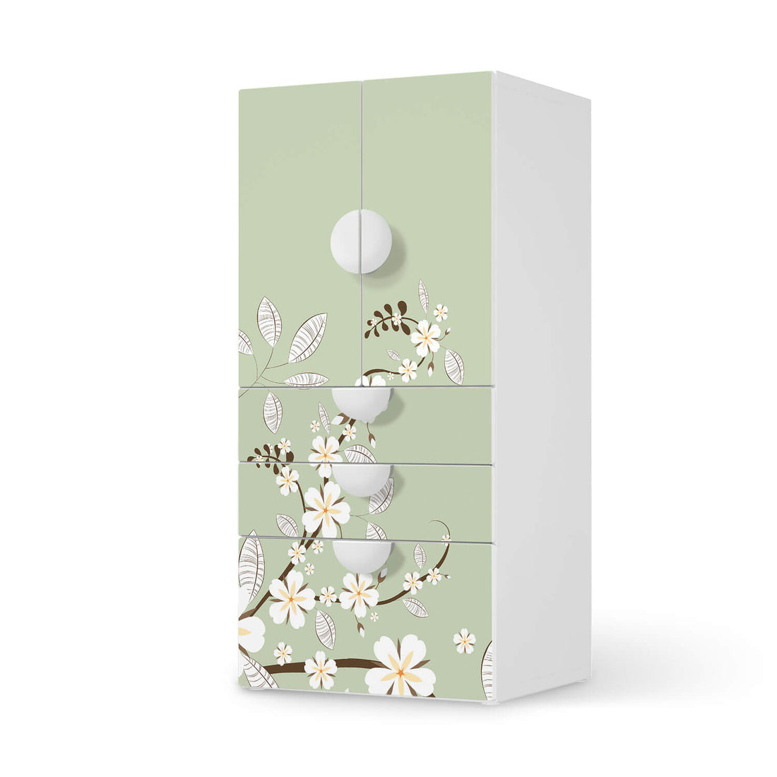 Möbelfolie White Blossoms - IKEA Smastad kombiniert - 3 Schubladen und 2 kleine Türen  - weiss