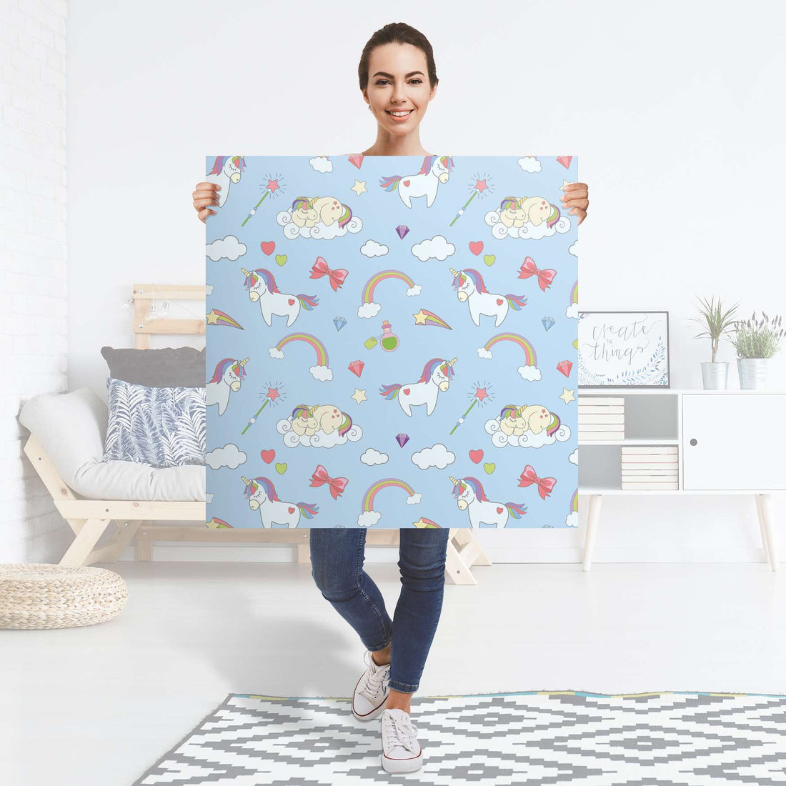 Selbstklebender Folienbogen Rainbow Unicorn - Größe: 90x90 cm